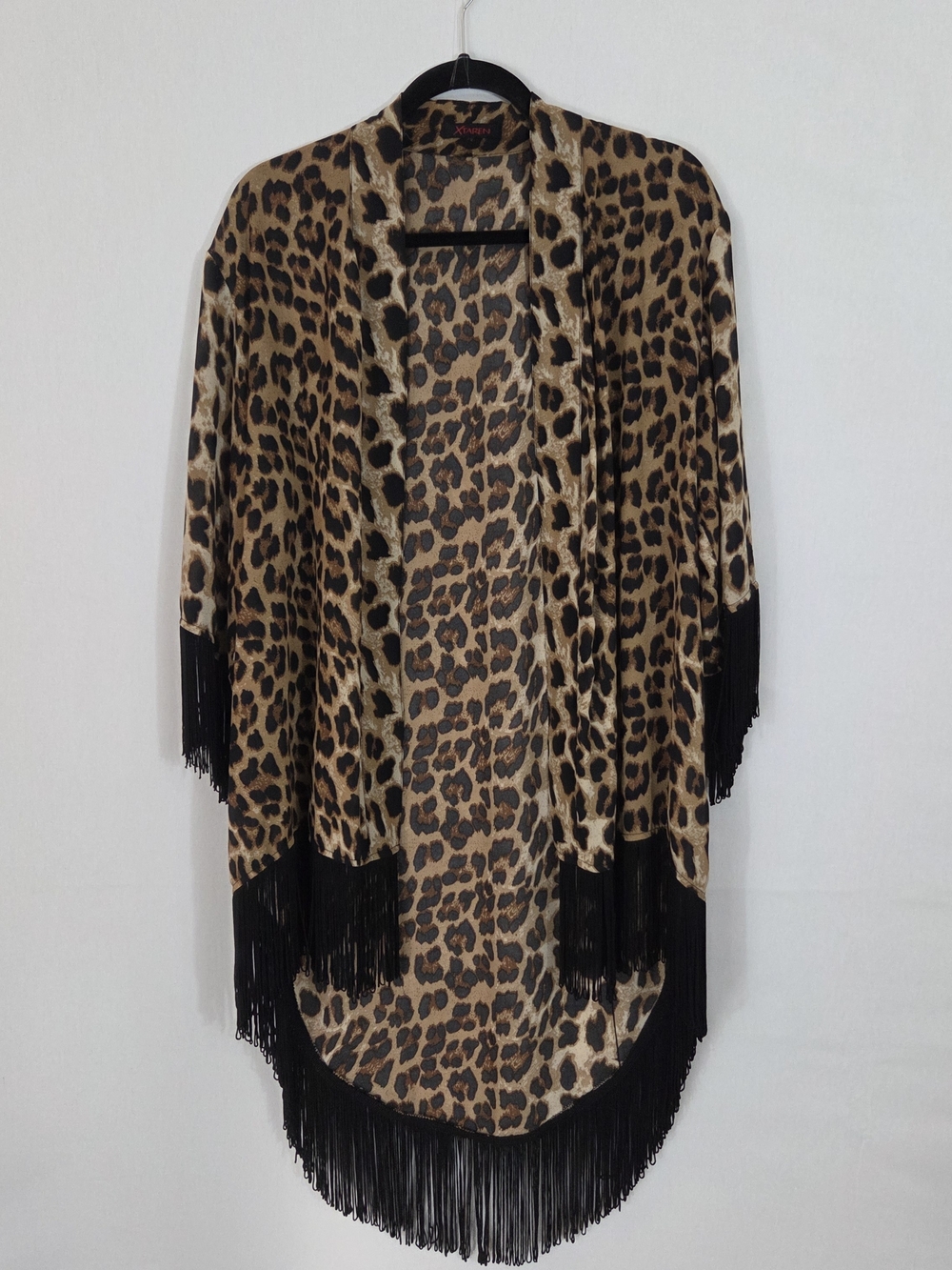 Xtaren Leopard Print Fringe Open Cardigan in Brown and Black